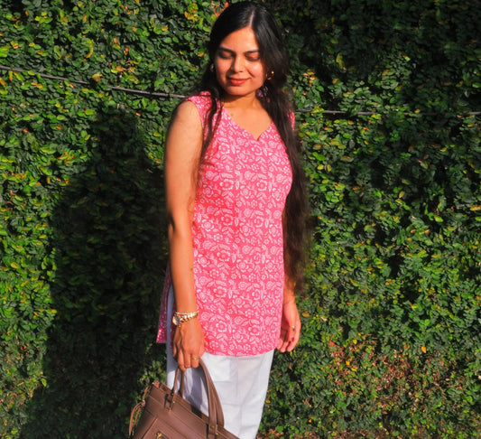 Shreevaan Pink Printed Cotton Short Kurti - Shreevaan