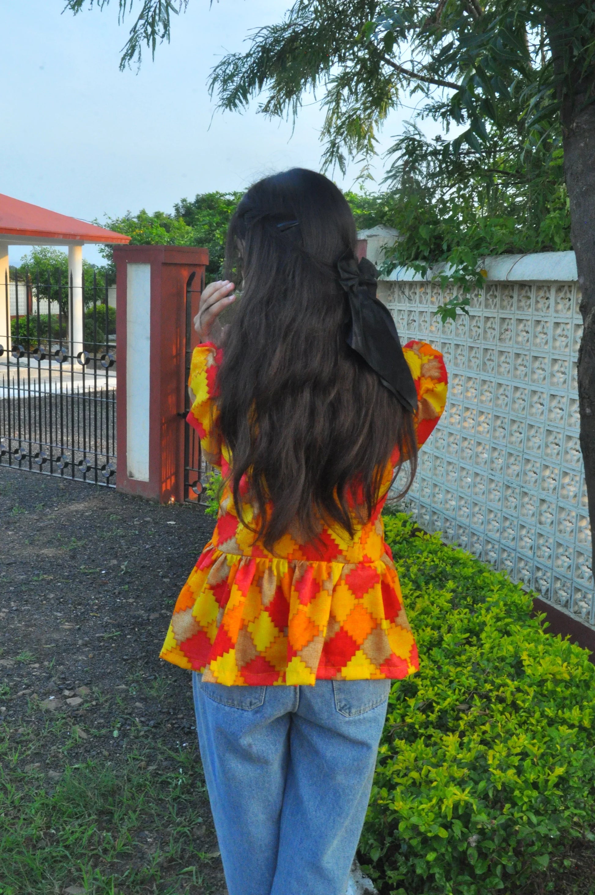 Shreevaan Vibrant Geo Print Short Kurti – Puff Sleeve - Shreevaan