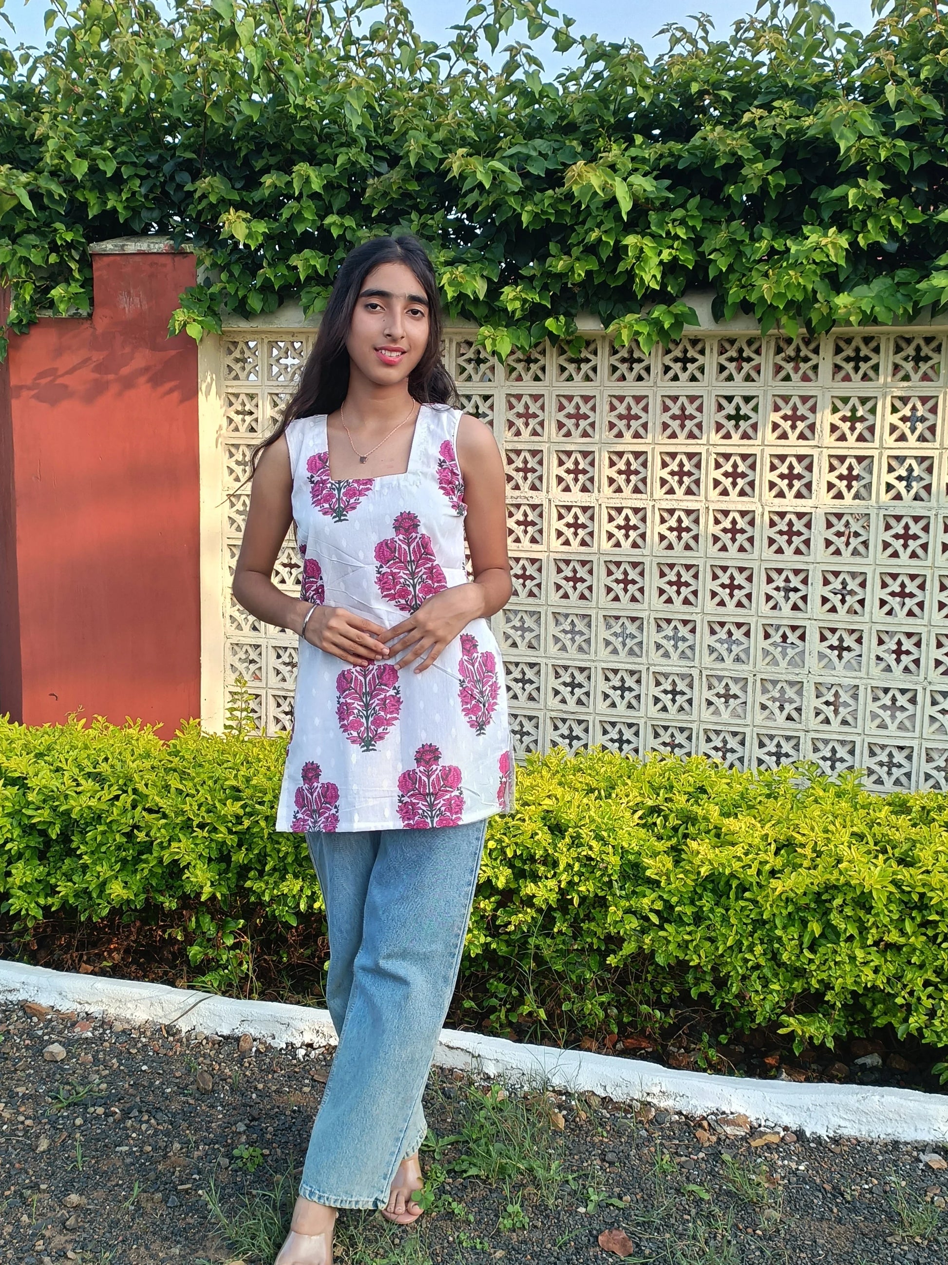 Shreevaan White Cotton Block-Print Short Kurti - Shreevaan