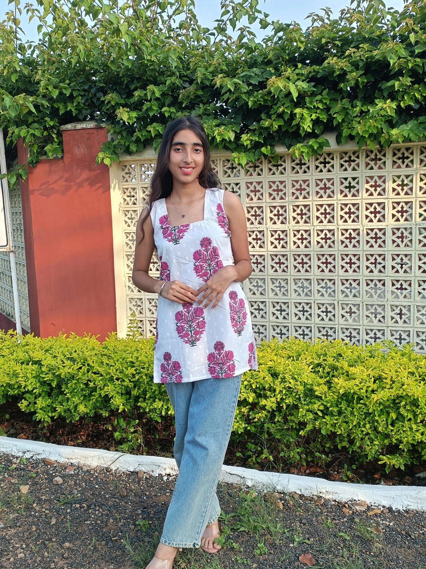 Shreevaan White Cotton Block-Print Short Kurti - Shreevaan