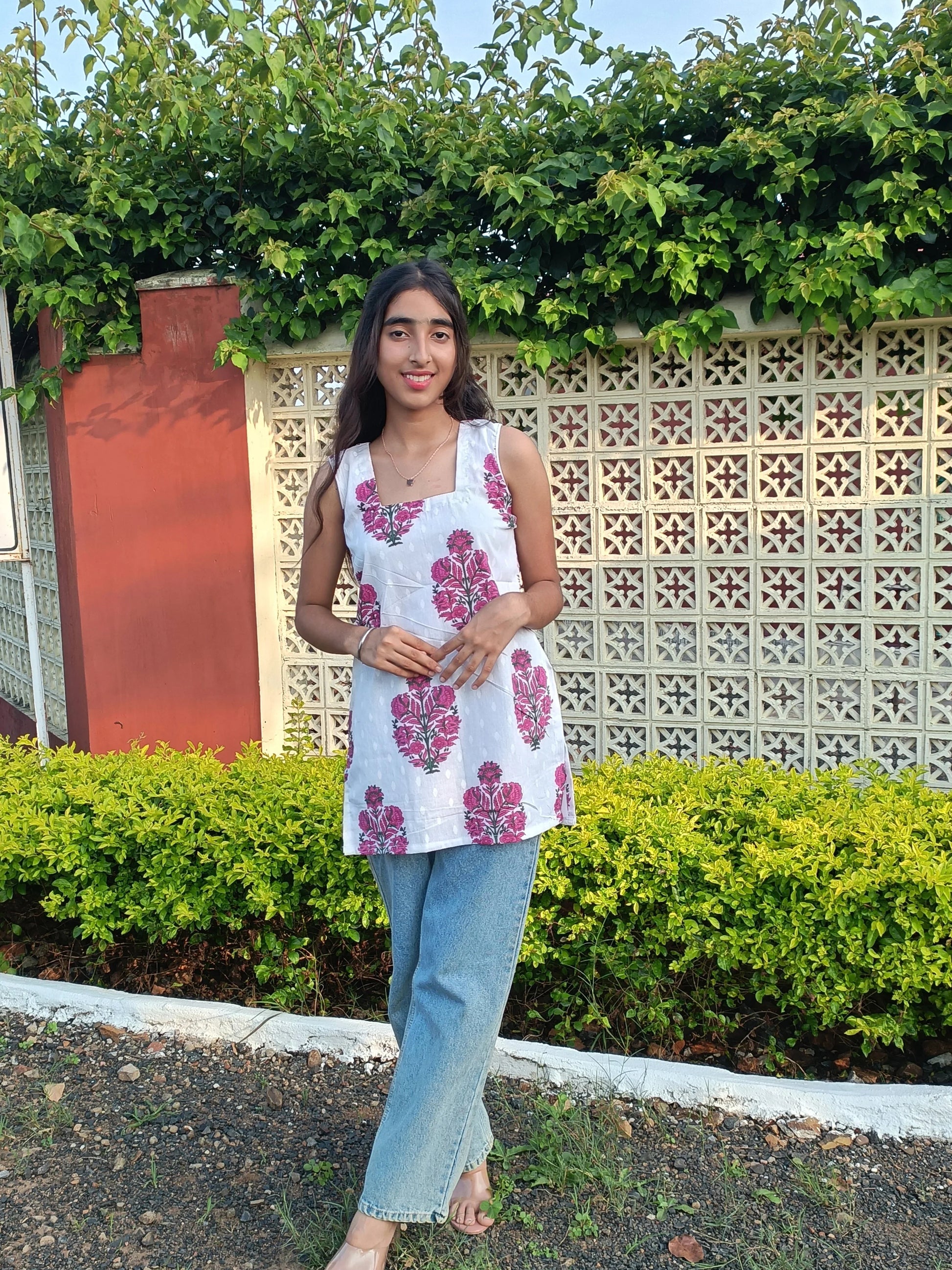 Shreevaan White Cotton Block-Print Short Kurti - Shreevaan