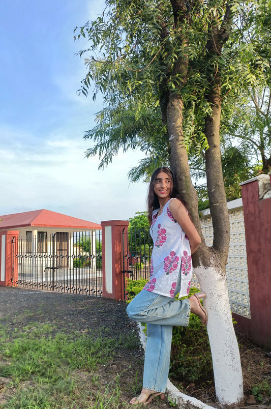 Shreevaan White Cotton Block-Print Short Kurti - Shreevaan