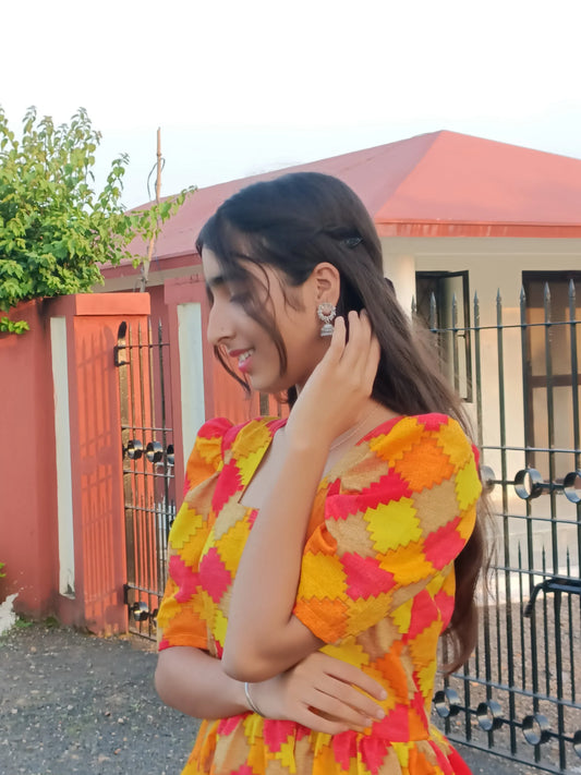 Shreevaan Vibrant Geo Print Short Kurti – Puff Sleeve - Shreevaan