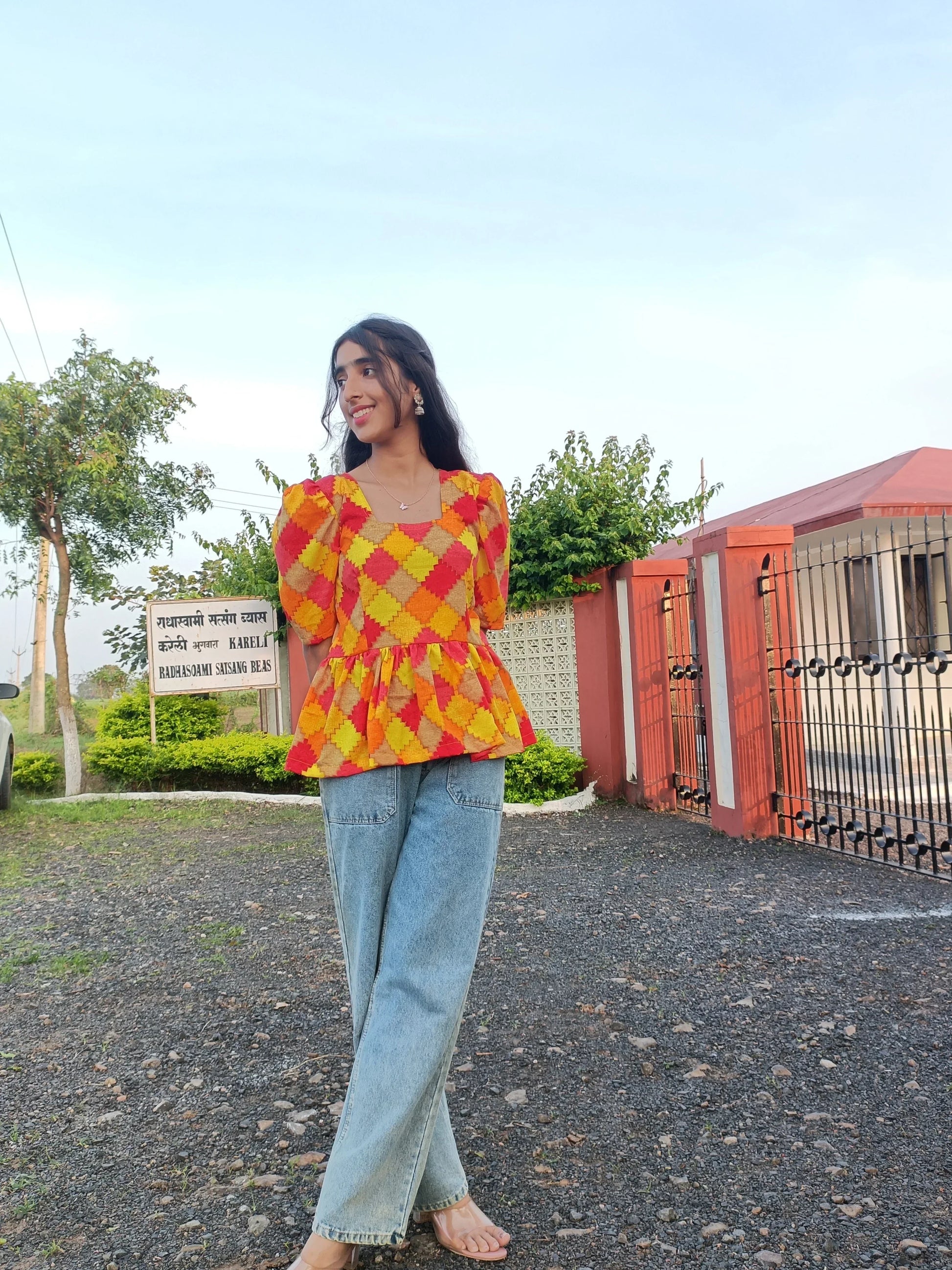 Shreevaan Vibrant Geo Print Short Kurti – Puff Sleeve - Shreevaan